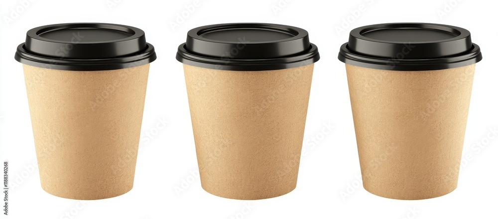 Three brown paper coffee cups with black lids isolated on white background. Three brown paper coffee cups with black lids isolated on white background.