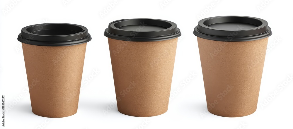 Three sizes of disposable paper coffee cups with black lids. Three sizes of disposable paper coffee cups with black lids.