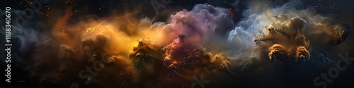 Space background with colorful clouds of smoke, dark black with golden glow, dramatic lighting, 80mm lens, depth of field, high resolution photography. photo