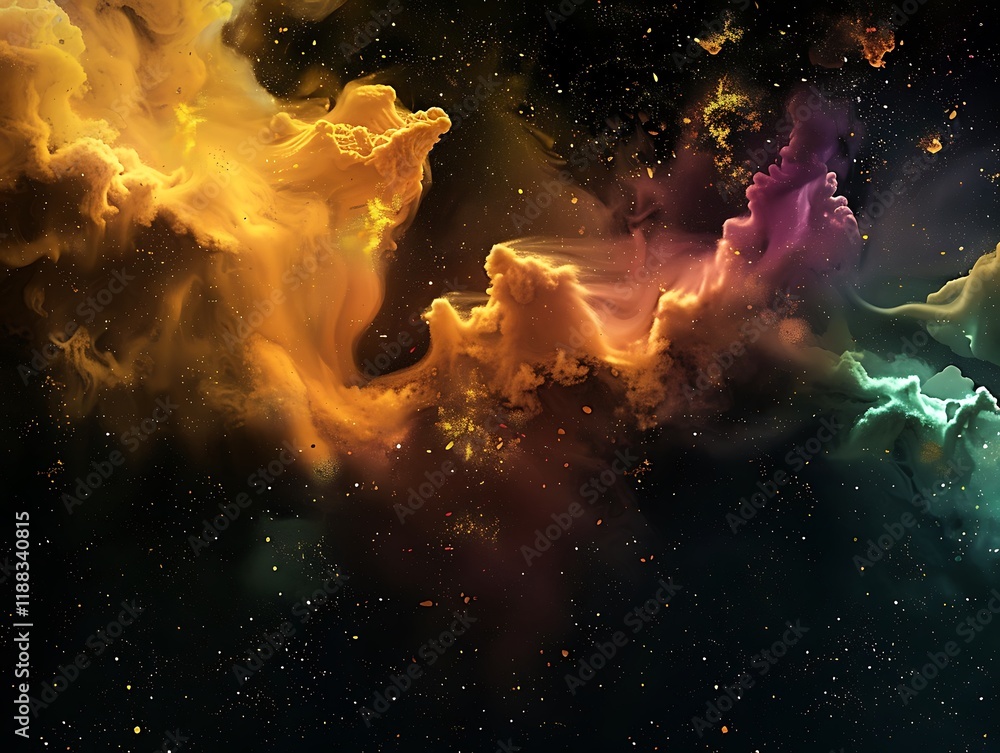 Space background with colorful clouds of smoke, dark black with golden glow, fantasy illustration, hyper-detailed, 80mm lens, dramatic lighting. Space background with colorful clouds of smoke, dark black with golden glow, fantasy illustration, hyper-detailed, 80mm lens, dramatic lighting.