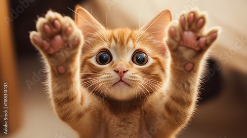 Adorable Ginger Kitten Raising Paws Playfully photo