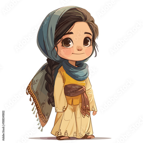 Beautiful Muslim girl in a blue hijab. Vector cartoon illustration.