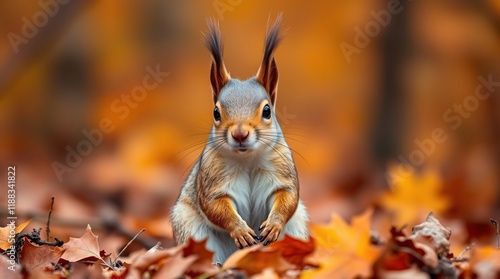 A squirrel standing elegantly among autumn leaves, showcasing its vibrant colors and fluffy ears, with a soft, blurred forest background enhancing the fall themes. photo