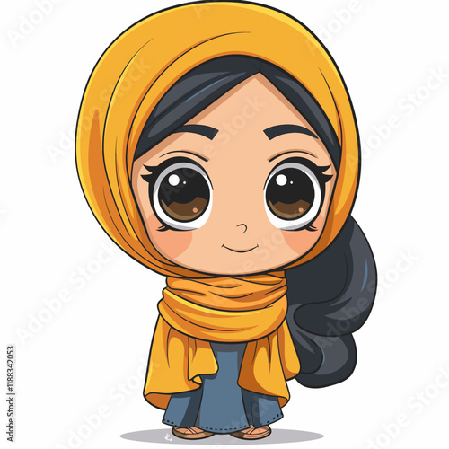 Cute little Muslim girl in traditional clothes. Vector illustration.