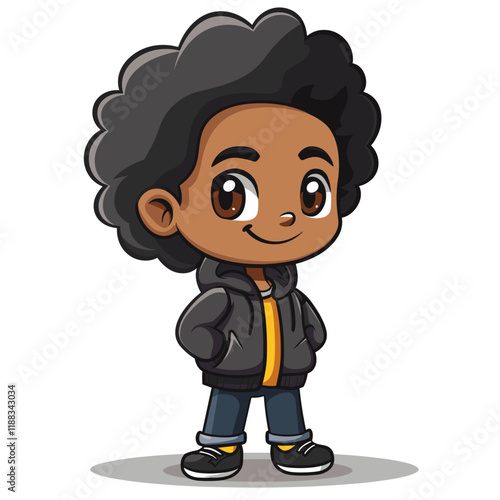 Cute African American girl with curly hair on white background illustration.