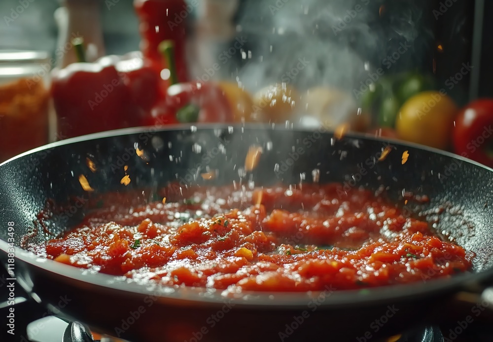 Close-up of tomato sauce being cooked in a pan Close-up of tomato sauce being cooked in a pan