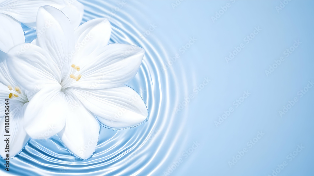 Fototapeta premium White flowers floating on rippling blue water surface with copy space.