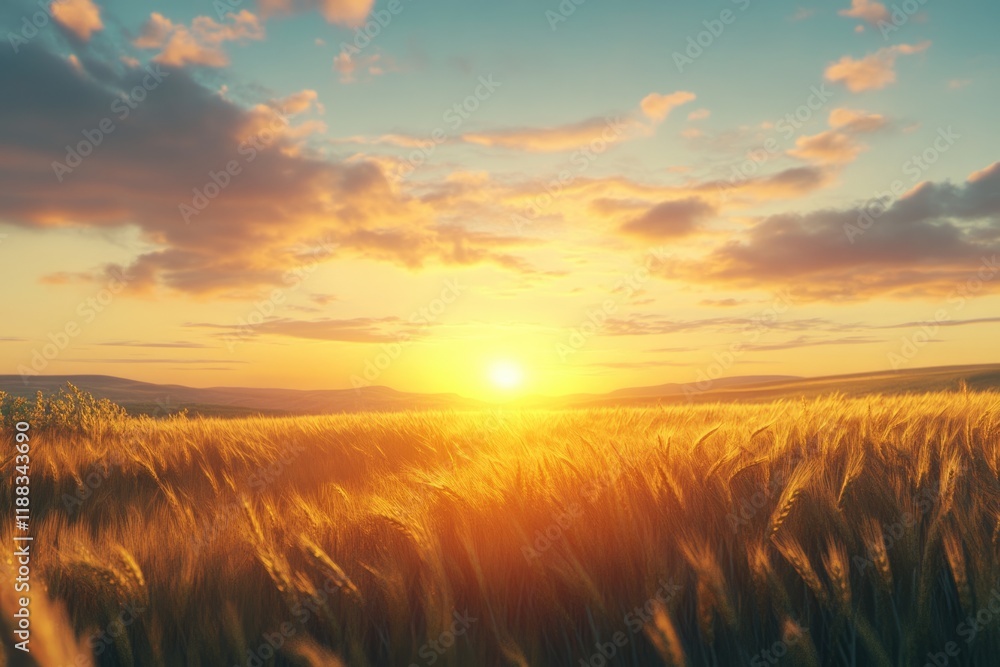 Beautiful sunset on wheat field and blue sky Beautiful sunset on wheat field and blue sky