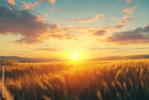 Fototapeta Naklejka Na Ścianę i Meble -  Beautiful sunset on wheat field and blue sky