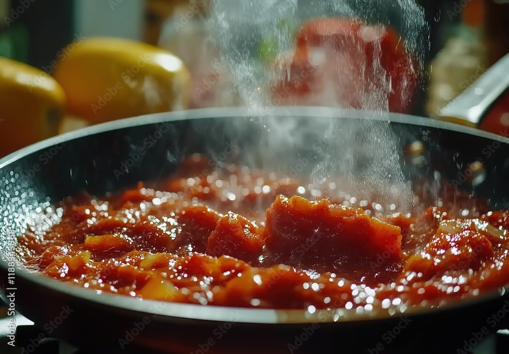 Close-up of tomato sauce being cooked in a pan Close-up of tomato sauce being cooked in a pan