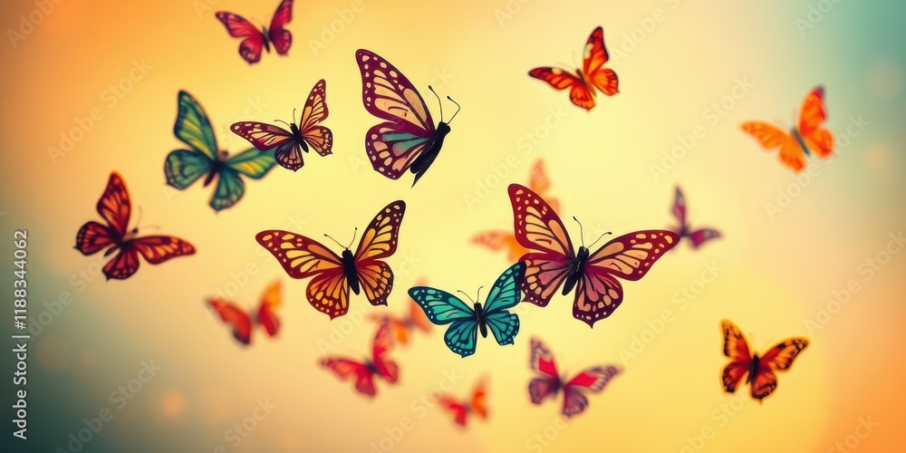A vibrant swarm of butterflies dances gracefully in the warm glow of a setting sun, their wings shimmering with an array of colors. A vibrant swarm of butterflies dances gracefully in the warm glow of a setting sun, their wings shimmering with an array of colors.