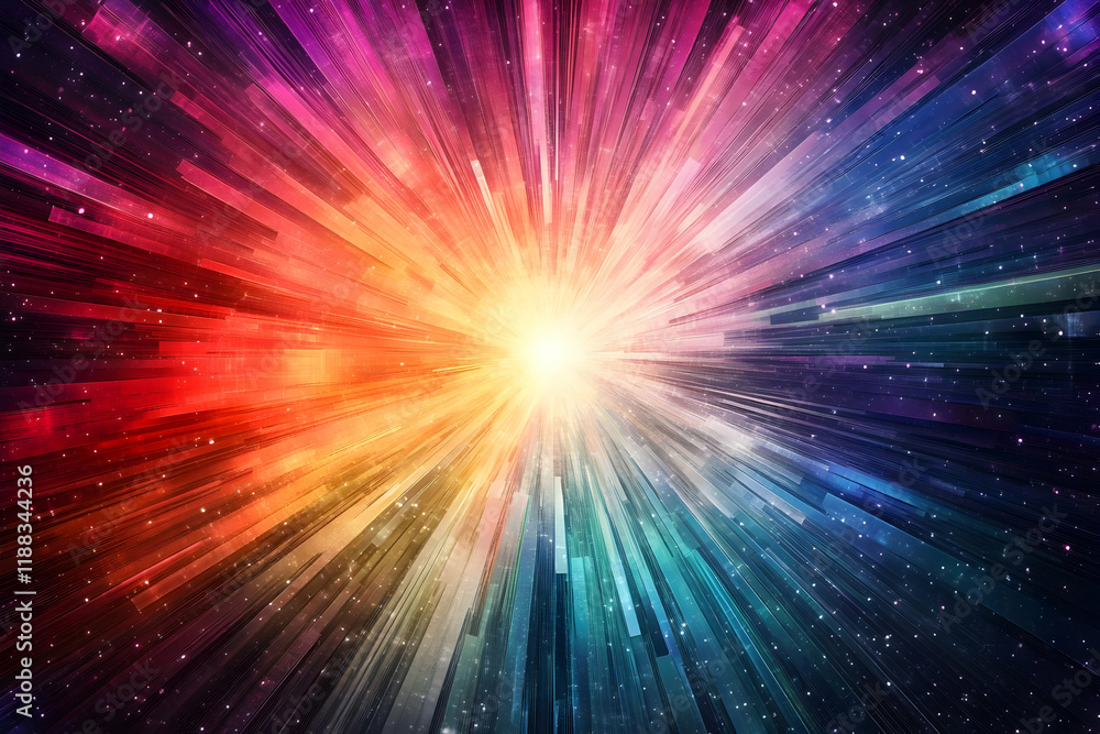 Abstract Light Rays Burst from Center, Colorful Spectrum Background with Sparkling Particles Abstract Light Rays Burst from Center, Colorful Spectrum Background with Sparkling Particles