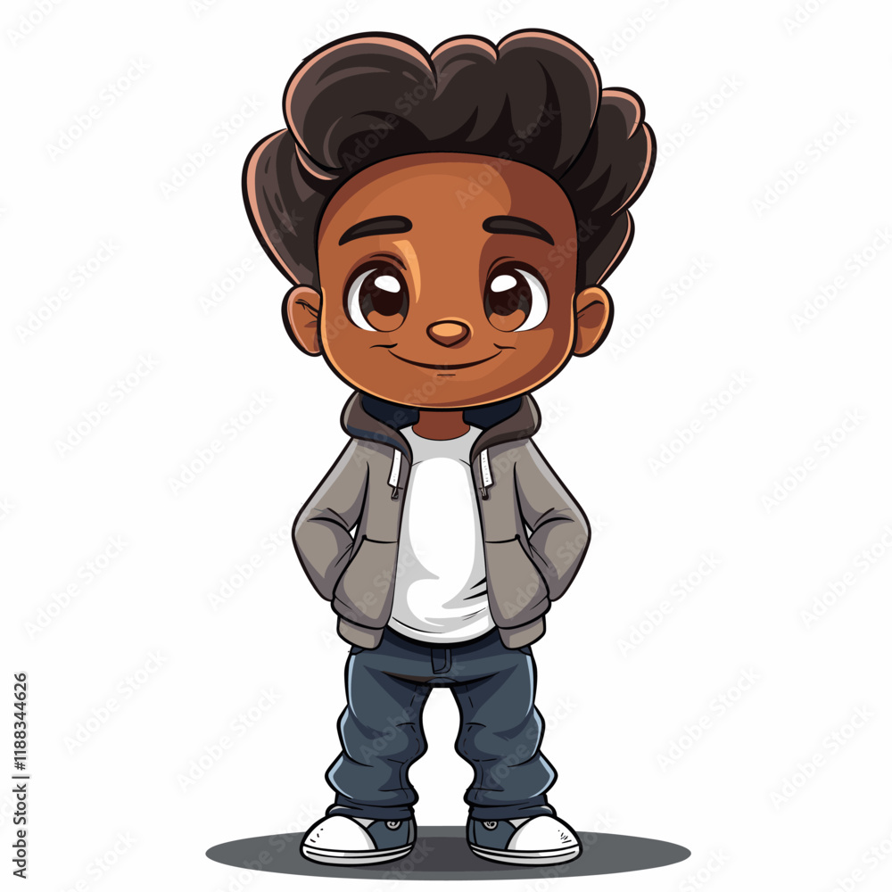 Obraz premium Cute African American boy in casual clothes cartoon vector illustration.