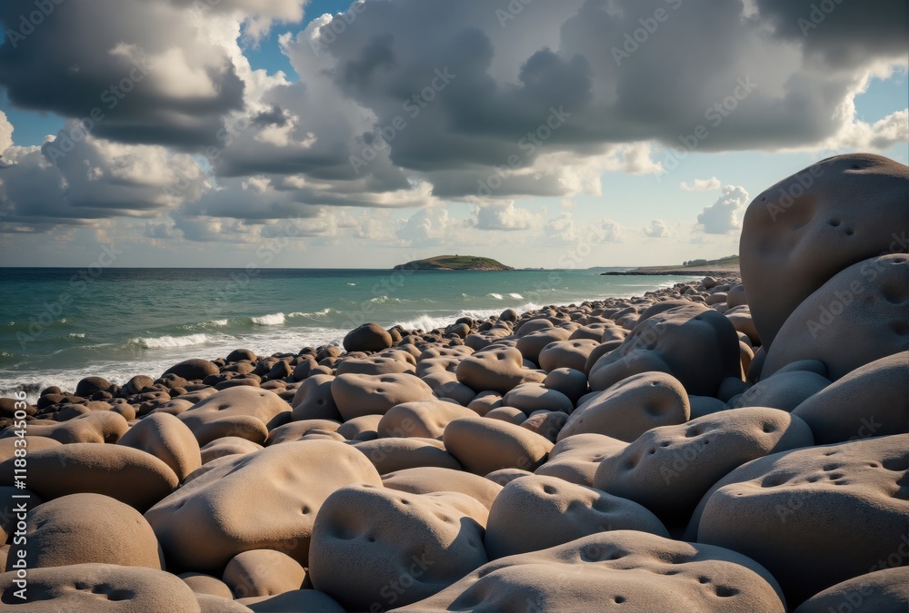 Obraz premium Coastal Beach with Rounded Rocks and Distant Island