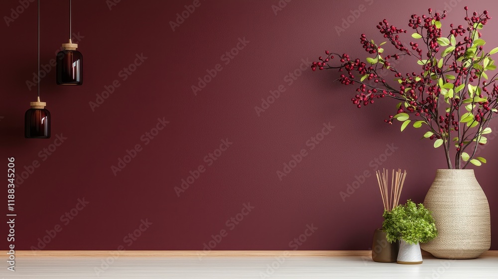 Fototapeta premium Elegant Burgundy Wallpaper with Minimalist Decor and Greenery