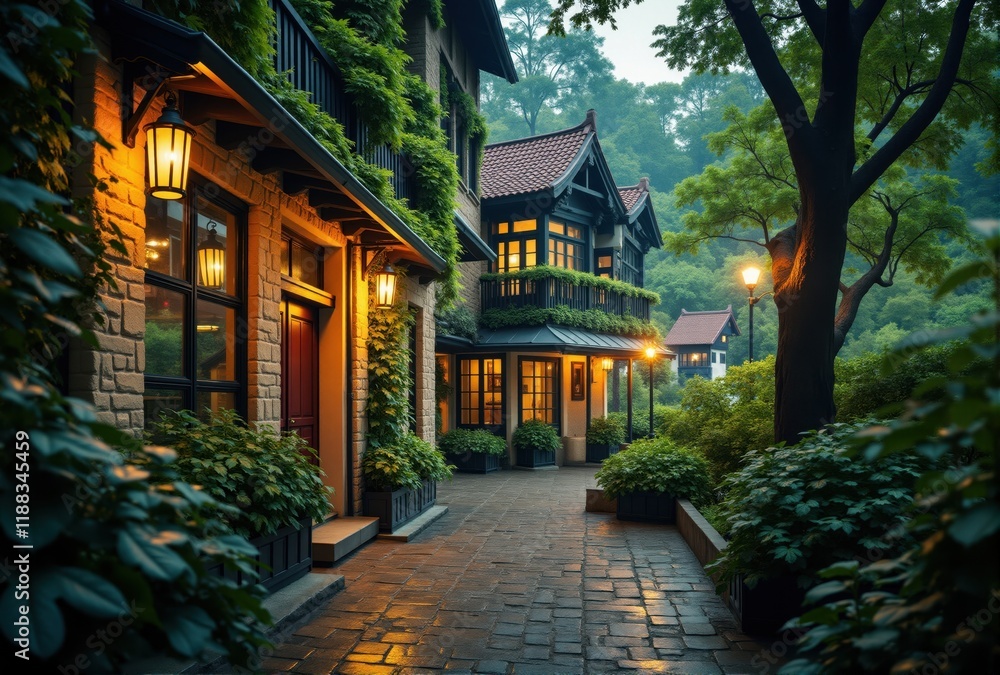 Fototapeta premium Illuminated Walkway Between Buildings with Greenery