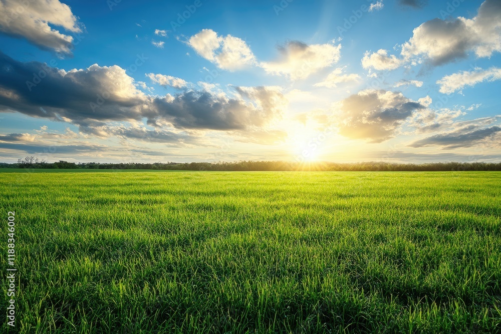 Obraz premium panoramic view of green field in the light of the evening sun