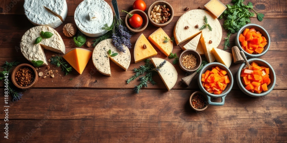 A Rustic Wooden Tabletop Displayed with an Assortment of Cheeses, Herbs, Nuts, and Sliced Pumpkins A Rustic Wooden Tabletop Displayed with an Assortment of Cheeses, Herbs, Nuts, and Sliced Pumpkins