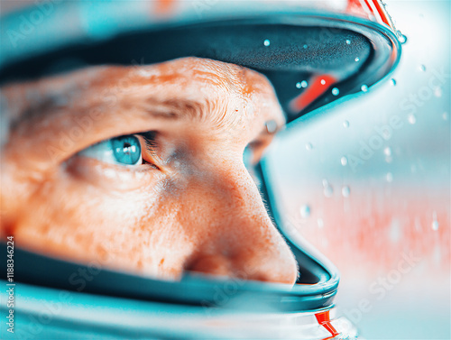 A close-up of a determined race car driver wearing a helmet, focusing intensely before the race, embodying precision, courage, and passion for motorsport. photo