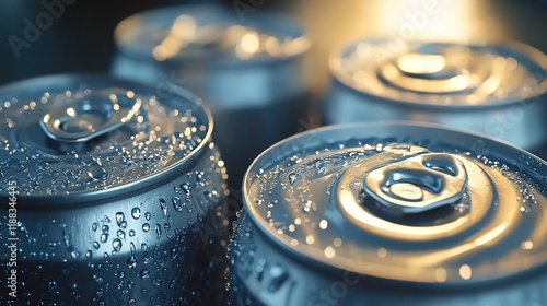 Close-up of silver cans with condensation droplets, emphasizing the freshness and crispness associated with beer cans.  photo