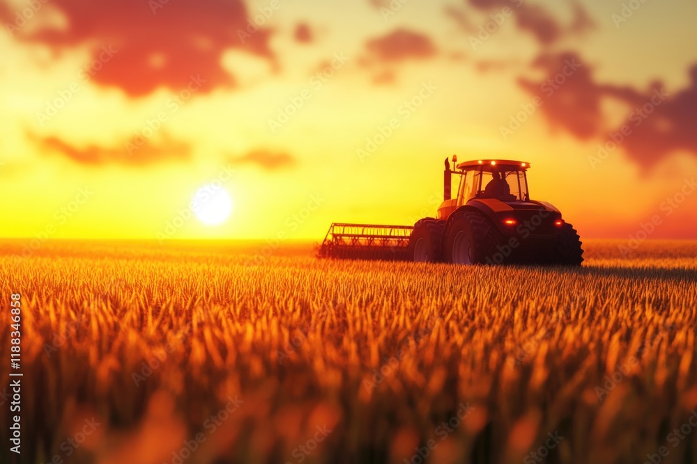 Fototapeta premium Tractor working on the rice fileds barley farm at sunset time modern agricultural transport.