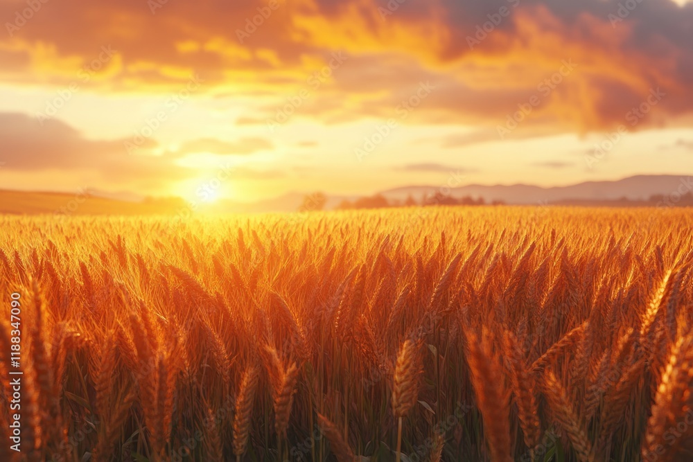 Sunset over wheat crop field landscape. Sunset over wheat crop field landscape.