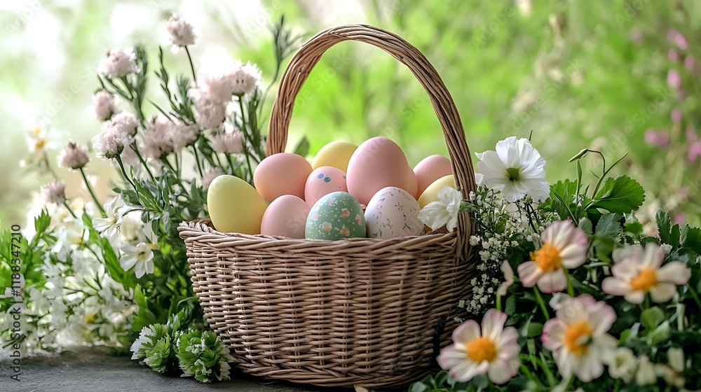 A peaceful scene of a wicker Easter basket filled with pastel-colored eggs, surrounded by fresh flowers and greenery. A peaceful scene of a wicker Easter basket filled with pastel-colored eggs, surrounded by fresh flowers and greenery.