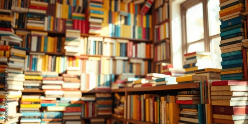 A wall of bookshelves overflowing with colorful spines, creating a tapestry of knowledge and a haven for bibliophiles photo