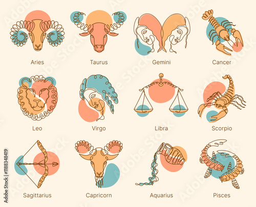 Astrological zodiac signs vector illustration. Line art symbols and icons of esoteric zodiacal horoscope.	