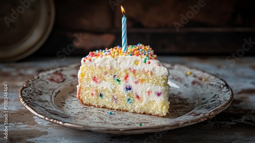 A slice of cake with colorful sprinkles and one candle, placed on an elegant plate. photo