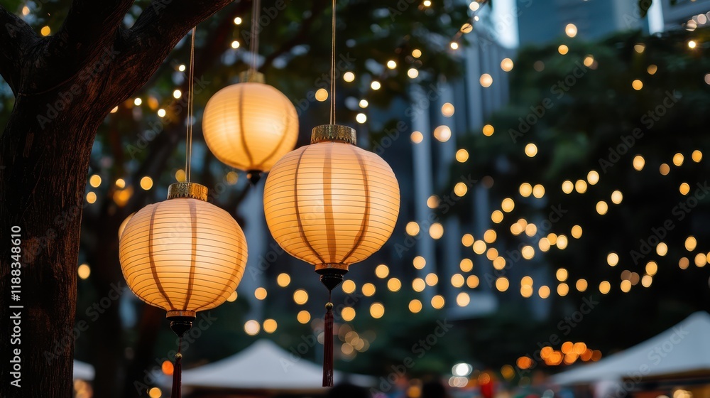 Glowing lanterns hang from trees, surrounded by twinkling lights, creating a festive and enchanting night scene full of warmth. Glowing lanterns hang from trees, surrounded by twinkling lights, creating a festive and enchanting night scene full of warmth.