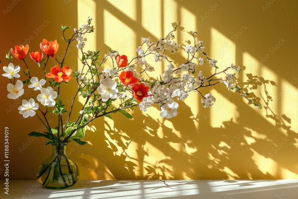 Spring Blossoms in Vase Sunlit White and Orange Flowers Yellow Background Spring Blossoms in Vase Sunlit White and Orange Flowers Yellow Background