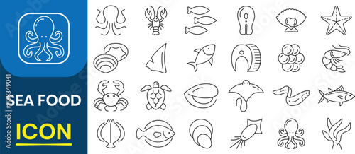 Seafood icon silhouettes flat icons set. Contains icons fish, lobster, crab, octopus, shrimp, oyster, mussel, shell, mollusk, mussels, octopus, squid, crab, starfish. Isolated vector illustrations.