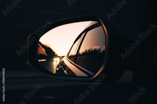 morning sky and  carheadlights reflection in the car side mirror photo