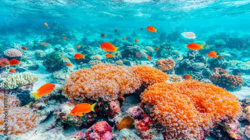 A vibrant underwater scene filled with colorful coral reefs and lively fish swimming through clear blue waters. photo