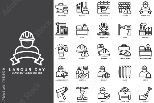 Labor day black outline icons pack, contain builder, caution, crane, hammer, helmet, worker, meeting, safety and more. use for modern concept UI and UX kit, app and web development. Vector EPS 10.