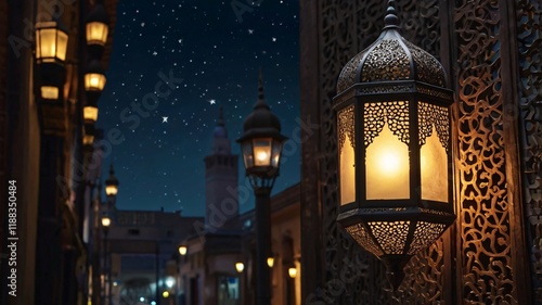 Street Lamp Illuminated with Ramadan Ornaments at Night photo