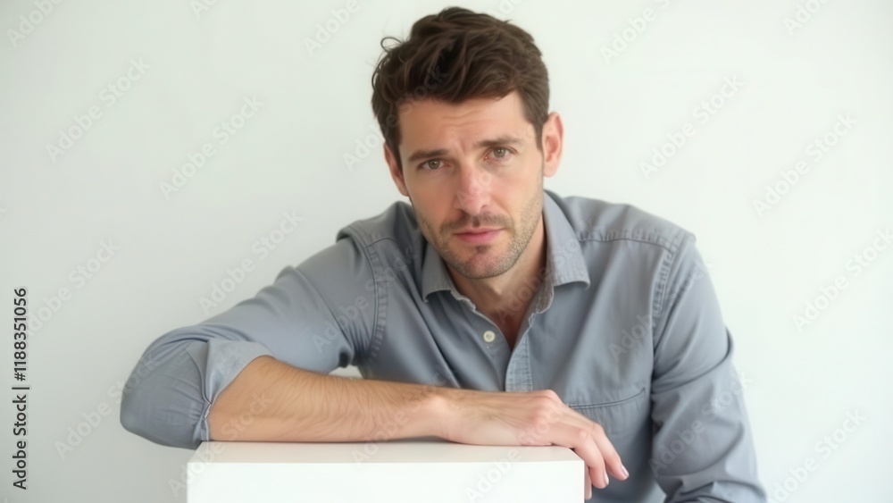 Serious man portrait, arms on white cube. Serious man portrait, arms on white cube.