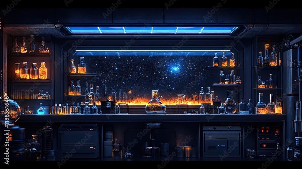 Fototapeta premium A futuristic laboratory filled with glowing bottles and scientific equipment, set against a starry backdrop.