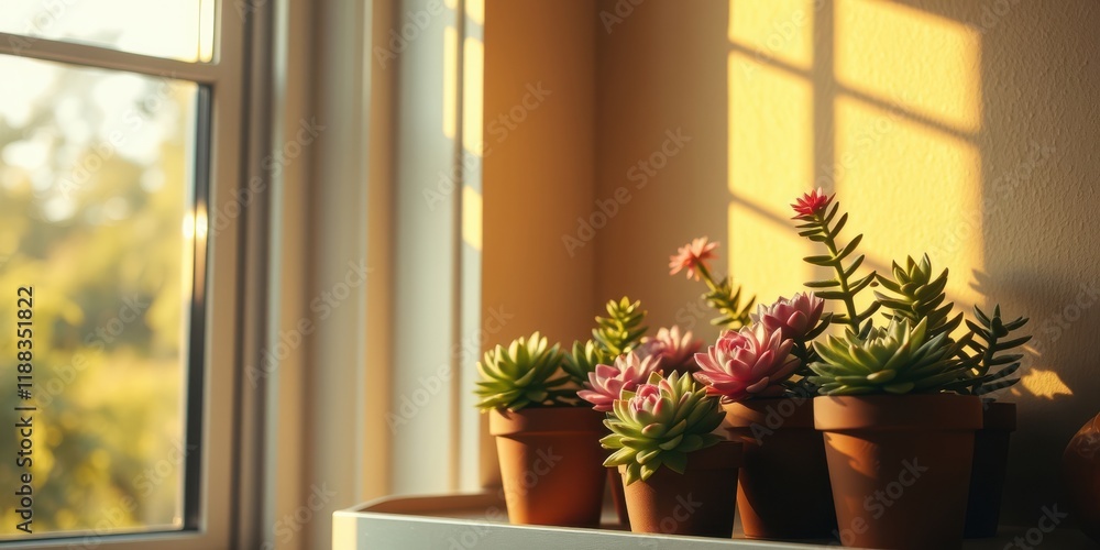 Fototapeta premium A sunlit windowsill with a row of succulent plants in terracotta pots, bathed in the warm glow of the afternoon sun.