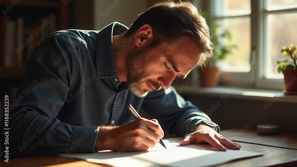 Man intently writing at a wooden desk, sunlight illuminating him. Man intently writing at a wooden desk, sunlight illuminating him.