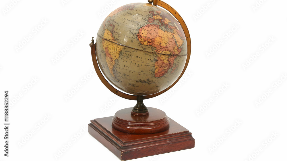 Antique-style world globe on wooden stand, isolated white background, geographic education tool Antique-style world globe on wooden stand, isolated white background, geographic education tool