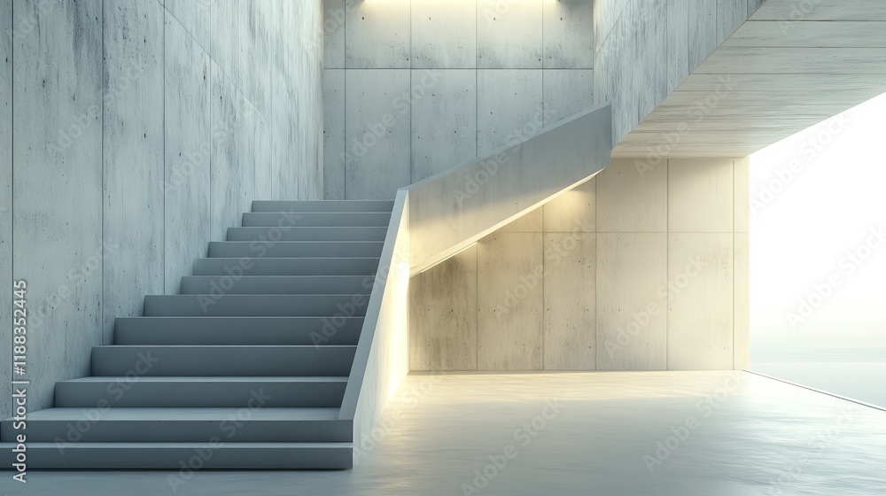 Obraz premium Modern concrete staircase in minimalist interior with window.