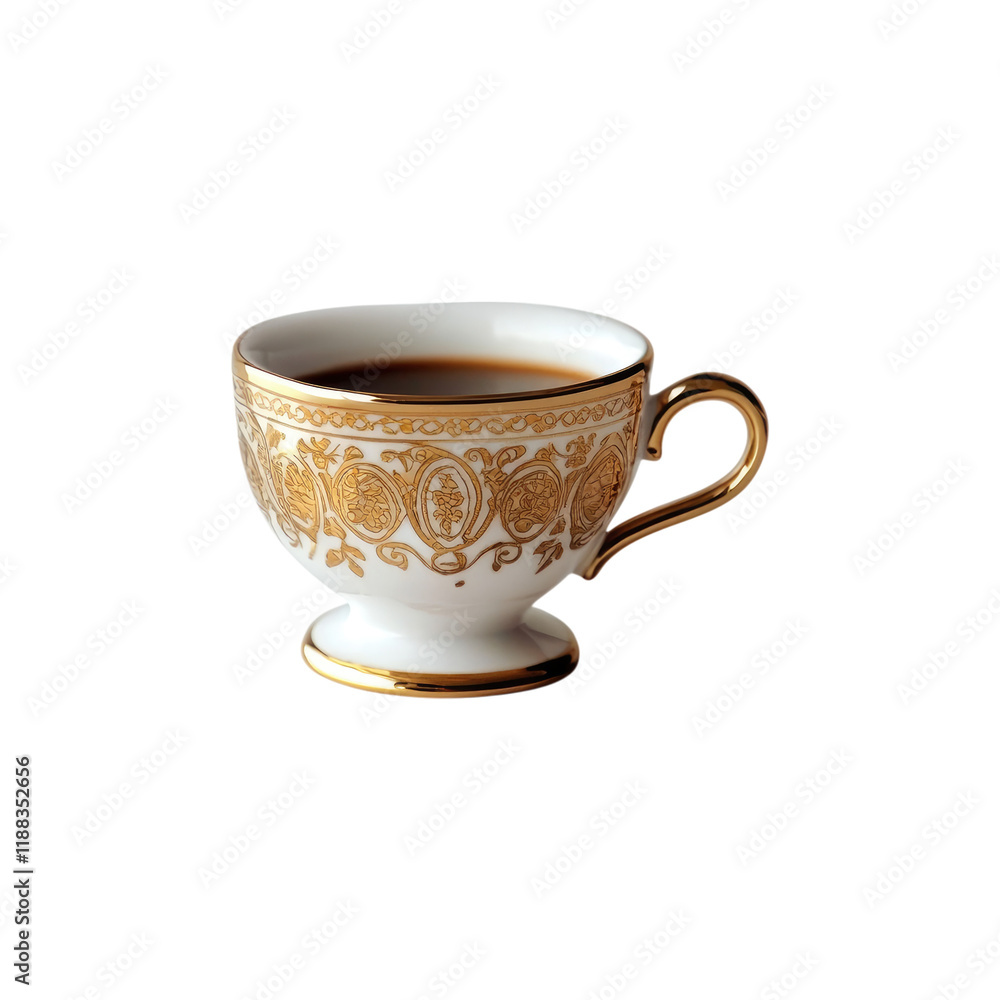 Luxury porcelain coffee cup with gold ornamentation isolated on white or transparent PNG Luxury porcelain coffee cup with gold ornamentation isolated on white or transparent PNG