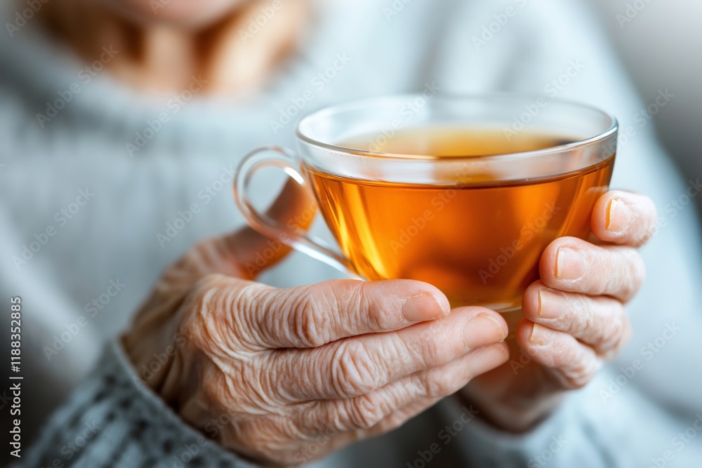 A close-up of elderly hands gently holding a transparent glass cup of warm tea, symbolizing comfort, warmth, and relaxation in a cozy indoor setting A close-up of elderly hands gently holding a transparent glass cup of warm tea, symbolizing comfort, warmth, and relaxation in a cozy indoor setting