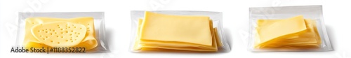 Three packages of cheese slices; one with a heart-shaped slice. photo