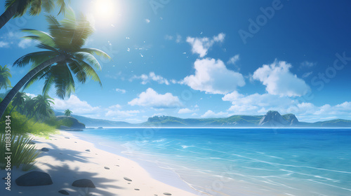 a beach with a palm tree and a blue sky