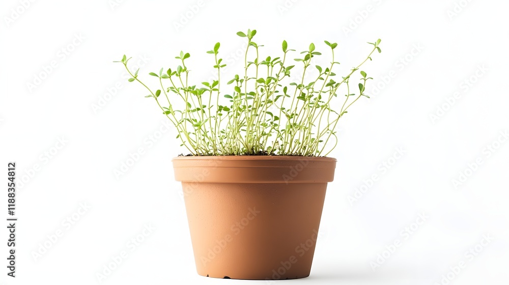 Young Thyme Plant Growing in Terracotta Pot Young Thyme Plant Growing in Terracotta Pot