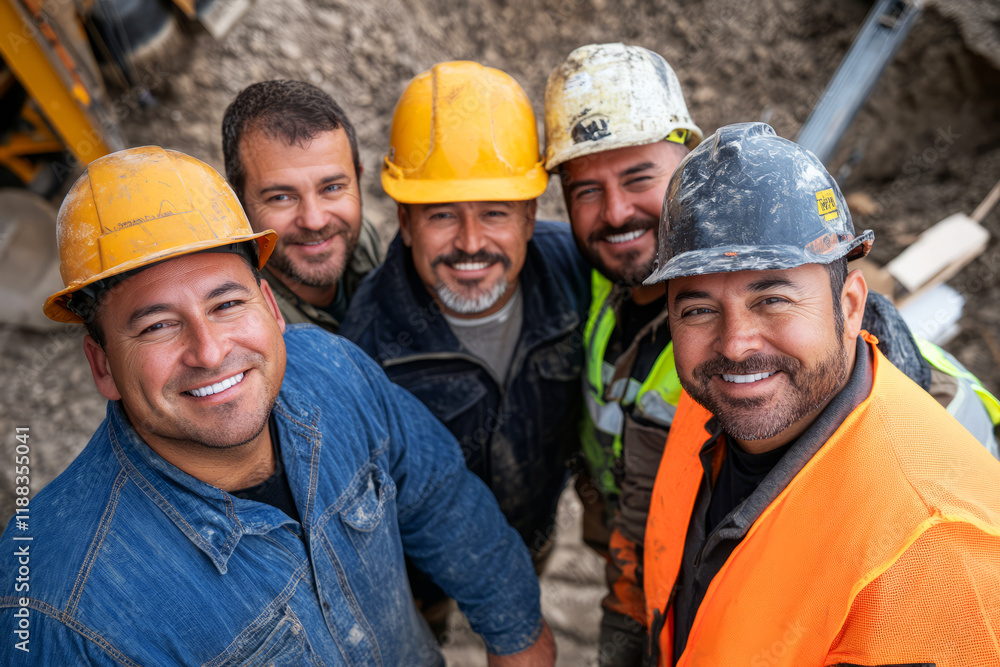 Group of Smiling Construction Workers Posing Together on Job Site with Safety Gear and Tools Group of Smiling Construction Workers Posing Together on Job Site with Safety Gear and Tools