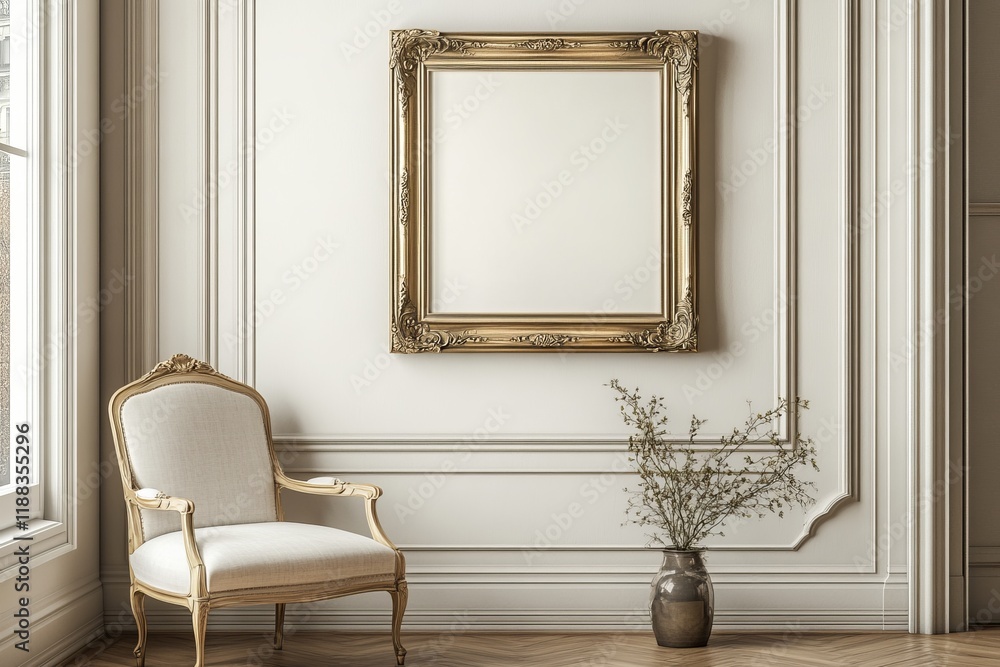 Elegant gold frame mockup in classic interior with armchair. Elegant gold frame mockup in classic interior with armchair.